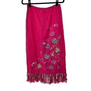 Muse Hot Pink Floral Embroidered Tassel Hem Linen Midi Skirt Sz 8‎ Womens